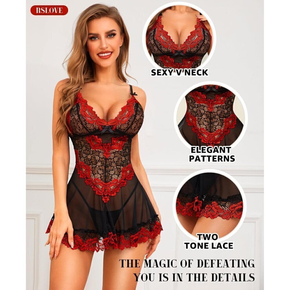 ❤️ Women Red  Babydoll Mesh Chemise Sleepwear Bridal Nightdress - Picture 3 of 5